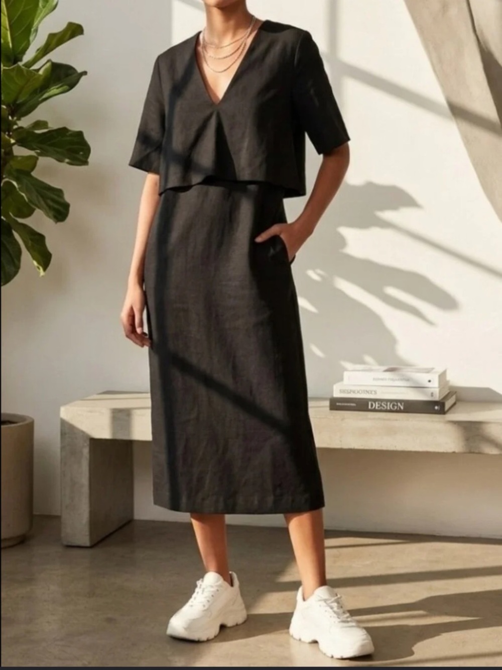 Zara black layered short sleeve Vneck midi dress Sz XL minimalist neutral preppy